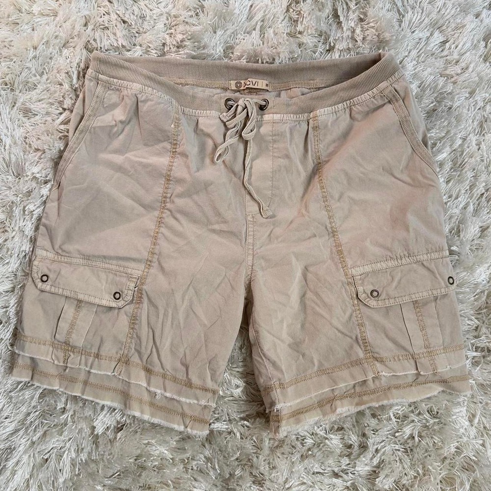 XCVI Beige Cotton Cargo Bermuda Shorts Drawstring Raw Hem Boho Utility Womens M - Picture 2 of 8